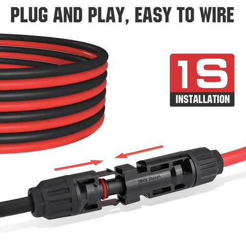 Beefy Solar Extension Cable 10 Ft 10 AWG 30 Amp DC IP67 Waterproof With Tinned Copper Core Red Black Quick Connectors