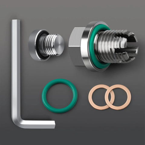Oil drain plug repair kit, exploded view, stainless steel, M14.1-1.5 x 15mm piggyback with green O-ring