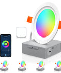 4 Pack 4 Inch RGB LED Recessed Downlights With J Box 10W 800LM Dimmable Lit Color Changing Warm White And Cool White Group Control Works With Alexa Google Siri App Controlled Lighting For Easy Smart Home Setup display with smartphone app