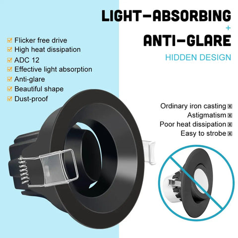 Cool 3 Inch Recessed LED Downlight Kit In Black With Adjustable Gimbal Eyeball, 10W, 50 Degree Beam, 5000K Cool White, shown.
