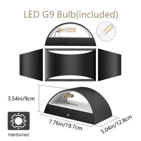 Dope Black Modern LED Wall Sconce Set of 2 with dimensions and G9 bulb included shown for indoor use