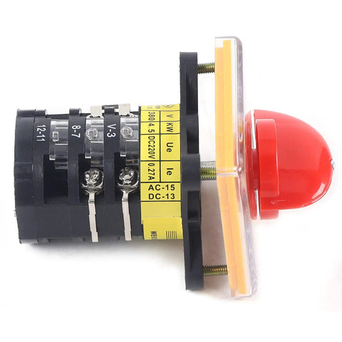 Side view of Three Phase Milling Machine Speed Control Switch with forward and reverse function, metal/plastic, red knob visible.
