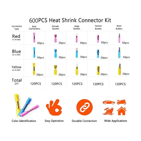 Solid 600 Piece Assortment Kit For Ring Lugs And Welded Heat Shrink Crimp Terminals With Electrical Wire Connector Essentials To Fix Any Wiring Mess Around Your Ride Or Workshop, 600pcs heat shrink connector kit