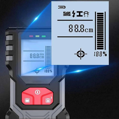 Ace Digital Stud Finder Wall Scanner With Backlit Screen displaying measurement readout for wood and metal detection.