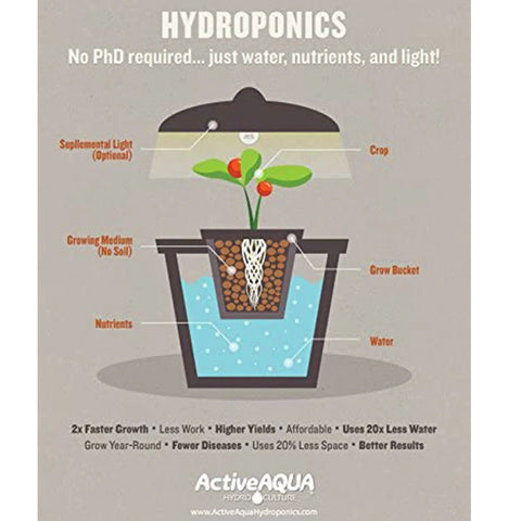 Hydroponics diagram: plant in black grow bucket inside blue water reservoir; ActiveAQUA branding.