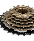 Solid Six Speed 14 To 28T Bicycle Freewheel With Threaded Type Freehub Replacement Part, steel cog close-up view, threaded hub fit