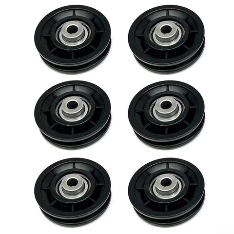 Beefed-Up Nylon Bearing Pulley Wheel Set For Gym Gear And Cable Machines, Smooth Silent Replacement Rollers For Home Fitness And Garage Door Systems, Black 90mm Durable Quiet Workout Components. 6 black nylon bearing pulley wheels on white background