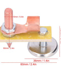 Heavy Duty Magnetic Welding Support With Strong Copper Tail Clamp Grounding Tool For Mechanical Repair And Metal Fixtures Featuring Easy Grip Screw Design close-up of copper clamp and metal base with dimensions.