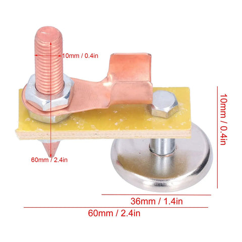 Heavy Duty Magnetic Welding Support With Strong Copper Tail Clamp Grounding Tool For Mechanical Repair And Metal Fixtures Featuring Easy Grip Screw Design close-up of copper clamp and metal base with dimensions.