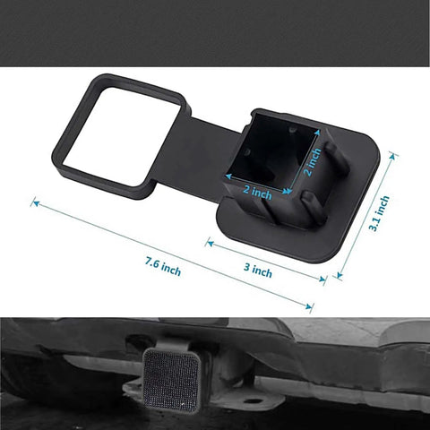 Black Rhinestone Trailer Hitch Cover For 2 Inch Receivers with dimensions in 3D view and installed on vehicle