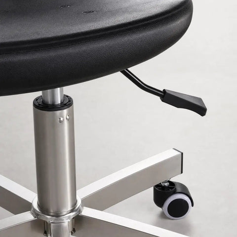Close-up of the swivel mechanism on the Straight Up Heavy Duty Stainless Steel Swivel Stool With Smooth Rolling Casters.