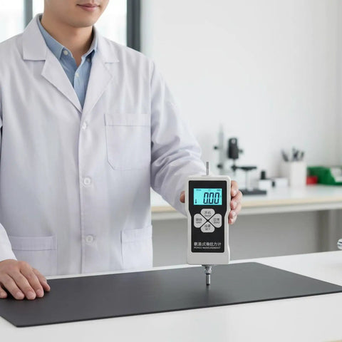 Portable Digital Push Pull Force Gauge For Tension And Compression Testing, AA Powered Dynamometer With Peak Hold Mode, Unit Conversion Between N Kg And Lb, Compact On The Go Handheld Gauge For Field Work held over test table in lab