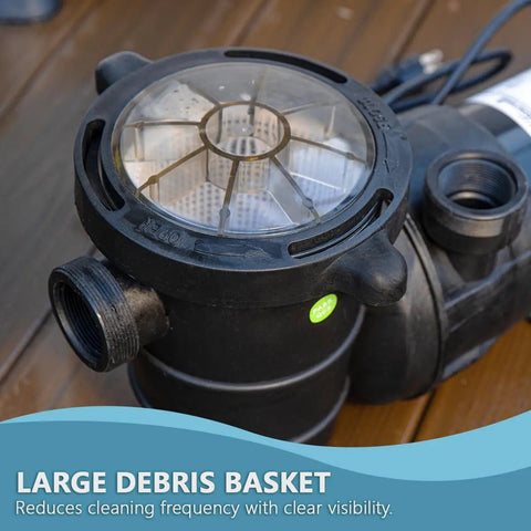 High-Octane 1.5 Horsepower Self Priming Pool Pump with large debris basket for efficient cleaning in above ground pools.