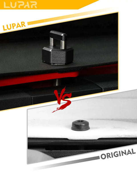 Comparison of Badass Quick Swap Thumb Screws With Heavy Duty D Ring Knobs Premium Aluminum Alloy Hardtop Bolts next to original fastener.