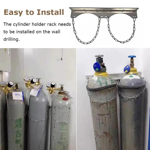 Wall Mount Steel Gas Cylinder Holder For Three Bottles Chain Supported Rack with four cylinders secured by chains.