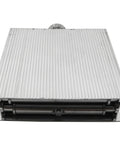Front view of 90mm adjustable aluminum lifting platform with ribbed surface and scissor mechanism.