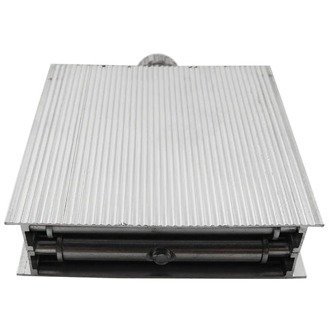Front view of 90mm adjustable aluminum lifting platform with ribbed surface and scissor mechanism.