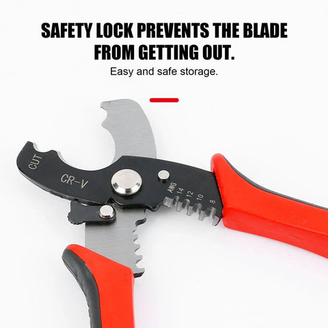 Top Shelf 8 Inch Electrical Wire Strippers And Cable Cutters Featuring Hardened Manganese Steel, safety lock design for secure storage.