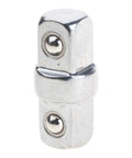 Front view: 3/8 in square drive sleeve adapter, double-ended, chrome-plated carbon steel for socket wrenches and drills.