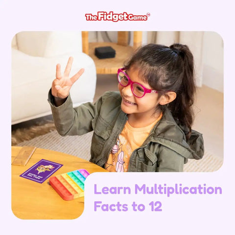 Child learning with Fidget Game 179 Multiplication Flash Cards Set for Kids 0-12 Facts, Grade 2-4 Classroom Or Homeschool Math Practice.