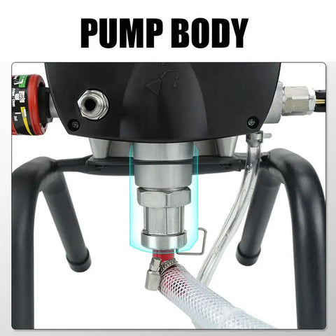 Close-up of the pump body of the Heavy Duty 950W Airless Electric Paint Sprayer showing metal connector and hose attachment.
