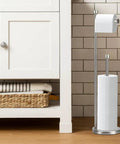 Brushed Nickel Freestanding Toilet Paper Holder Stand With Storage For Mega Rolls, Heavy Base Tissue Dispenser beside cabinet