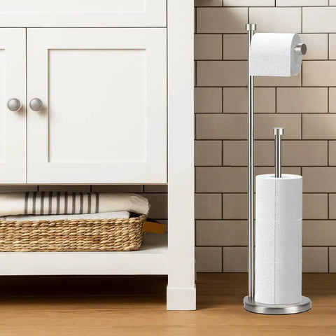 Brushed Nickel Freestanding Toilet Paper Holder Stand With Storage For Mega Rolls, Heavy Base Tissue Dispenser beside cabinet