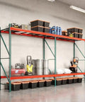 Heavy Duty Steel Pallet Rack Add On Unit 36 Inch Deep By 144 Inch Wide By 96 Inch High Two Tier with storage bins and tools.