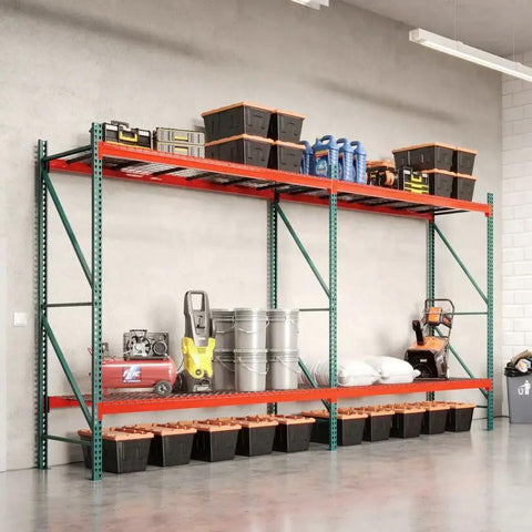 Heavy Duty Steel Pallet Rack Add On Unit 36 Inch Deep By 144 Inch Wide By 96 Inch High Two Tier with storage bins and tools.