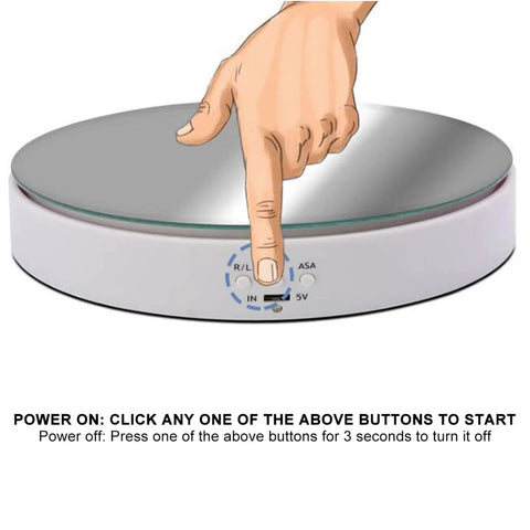 Smooth Rotating Display Stand With Electric Turntable For Jewelry Watches Phones And Bags, Featuring Two Way Gears Adjustable Speed and Control Buttons.