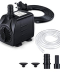 Quiet Submersible Fountain Pump 160 GPH 10W Outdoor Water Pump with tubing, nozzles, and power cord, compact design.