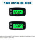 Front view: two Runleader 2-channel digital engine temperature gauges with green backlit LCDs and M/T buttons