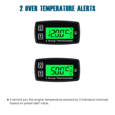 Front view: two Runleader 2-channel digital engine temperature gauges with green backlit LCDs and M/T buttons