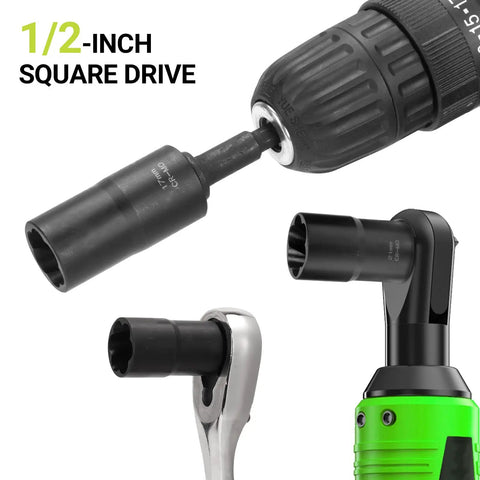 Lug Nut Extractor Set 13 Piece Wheel Lock Removal Kit with chromium molybdenum steel sockets attached to tools.
