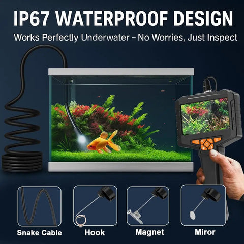 Industrial Borescope Endoscope With 4.3 Inch IPS Screen And 1920P HD Camera, Eight LED Lights, 16.5 Foot Semi Rigid Probe That Snakes Through Tight Spots For Quick Internal Inspections And Real World Diagnostics. IP67 waterproof borescope inspecting an aquarium with probe, screen, snake cable, hook, magnet, and mirror attachments.