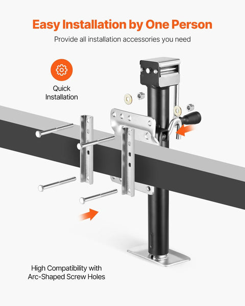 Installed trailer jack with bolt-on mounting hardware on a trailer frame; black post, silver bracket, 2500 lb capacity