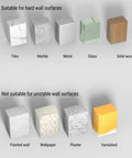 Visual guide showing wall surface suitability for hooks: tiles, marble, metal, glass, wood, vs painted wall, wallpaper, plaster, varnished.