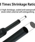 Heavy Duty Marine Grade Dual Wall Heat Shrink Tubing Roll 3:1 Adhesive Lined Wire Jacket Half Inch By Ten Feet Black showing shrinkage ratio and clear detailing.