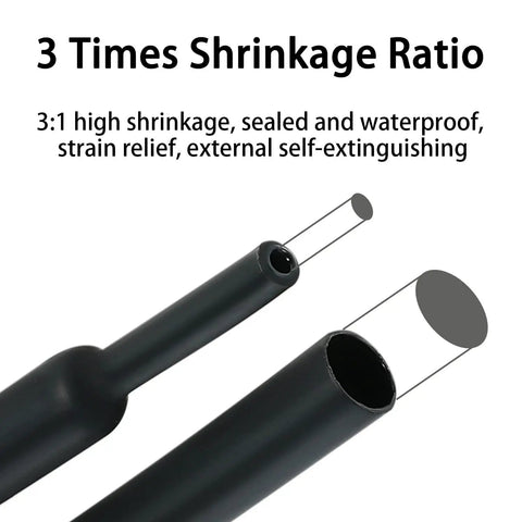 Heavy Duty Marine Grade Dual Wall Heat Shrink Tubing Roll 3:1 Adhesive Lined Wire Jacket Half Inch By Ten Feet Black showing shrinkage ratio and clear detailing.