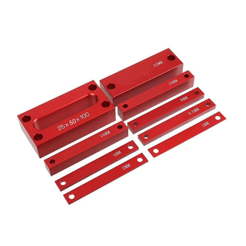 No Bull Precision Height Gauge For Woodworkers, Metric And Inch Setup Bars with red anodized aluminum blocks and labels.