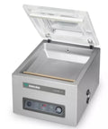 Rock Solid Heavy Duty Countertop Vacuum Sealer Built Like A Tank With Premium Stainless Housing Internal Vacuum Pump And Twin Wire Seal Bar For No Fuss Bulk Packing with open lid and stainless steel body.