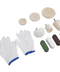 11 Piece Polishing Buffing Wheel Kit With Cotton Flannel Pads And Wax Rod Mount For Cordless Drills featuring gloves and various pads.