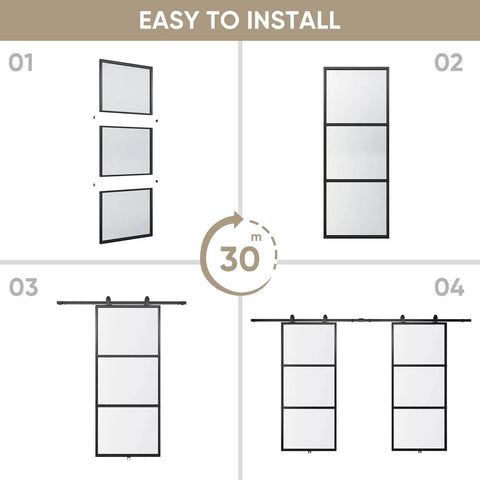 Double Barn Door Set 72 By 84 Inches With 12 Ft Hardware Kit And Soft Close Clear Tempered Glass Panels 36x84 In Each assembly steps