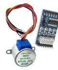 Blue 28BYJ-48 stepper motor with ULN2003 driver board; two-piece set with multicolor wiring.