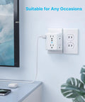 Two Prong To Three Prong Outlet Adapter With Six Outlet Extender Three Sided Power Converter That Grounds Polarized Outlets In Older Homes So You Can Power Up Six Devices At Once. white plastic wall adapter with six outlets plugged in