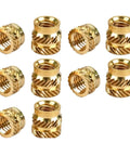 Top Tier Brass Knurled Hot Melt Threaded Inserts For 3D Print Boards From M2 To M6 display in a group of 10 pieces.