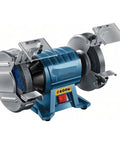 Heavy Lifter Dual Wheel Bench Grinder With Rock Solid Stability For Deburring Sharpening Steel And Aluminum Shop Grade Vertical Tool With 600 Watt Motor features dual grinding wheels and protective shields.