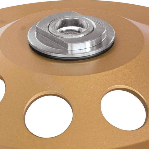 Close-up of A-96425 7-Inch Diamond Cup Wheel with 24 Segment Turbo Anti-Vibration design showing central arbor and holes.