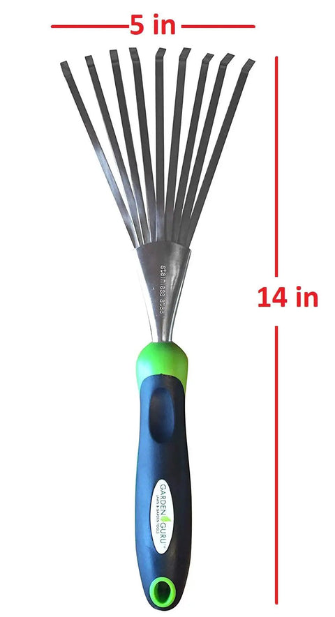 Stainless Steel Hand Rake With Ergonomic Handle For Gardening, Soil Tilling And Cultivating, 14-inch tool with a 5-inch rake head.