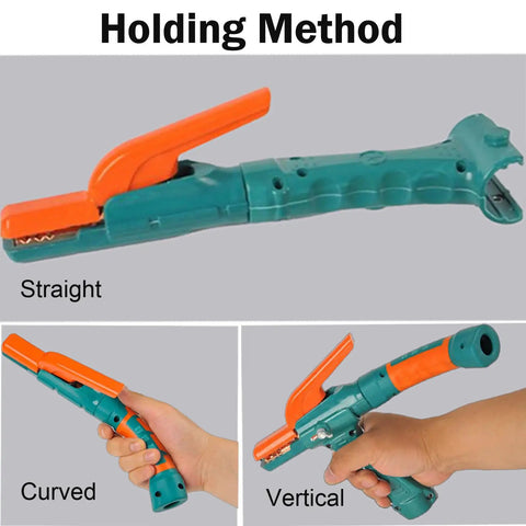 Ergonomic 800 Amp Stick Welding Electrode Holder With Curved Handle And Brass Jaw Heavy Duty Double Head Grip For Left Or Right Hand Interchangeable Straight Or Vertical Style Easy Grab Assembly in straight and vertical positions